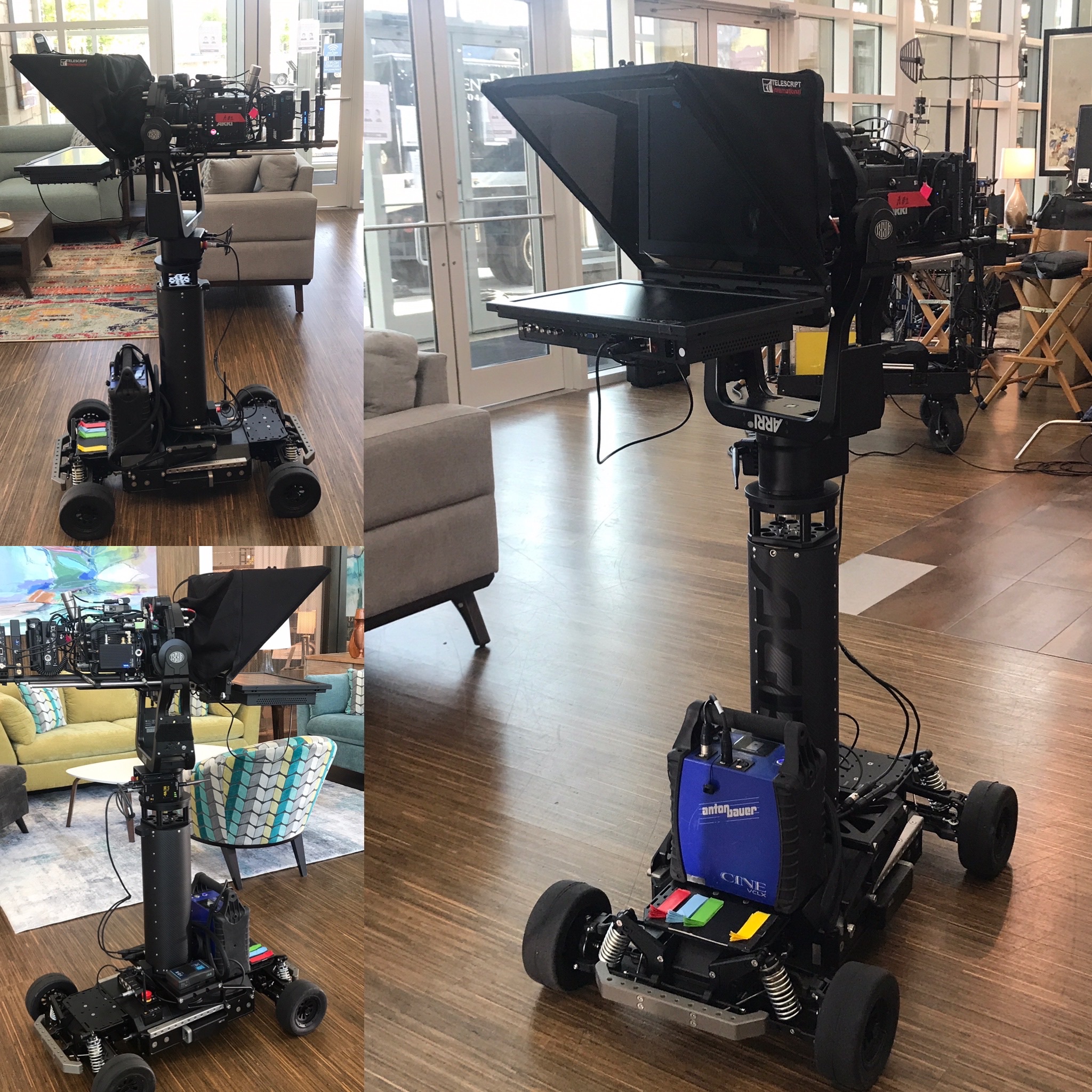Presidential teleprompter setups on dolly and jib mounts ready for a live speaking engagement
