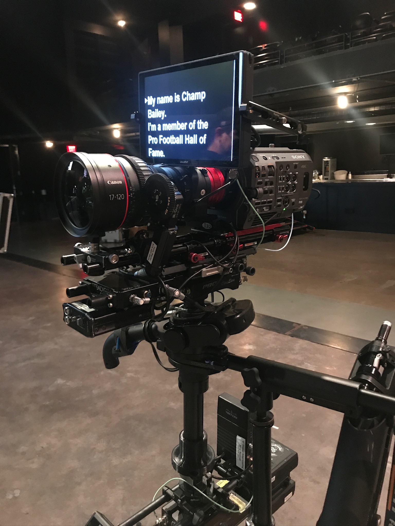 B Prompt steadicam teleprompter rig with a Sony cinema camera ready on set